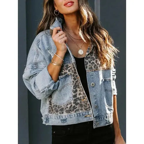 'Lioren' Partial Leopard Print Denim Jacket - Celes Fashion